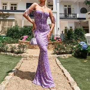 Women Summer Purple Floral Spaghetti Strap Maxi Dress Backless Bodycon Ruched Fish Tail Long Dress Vacation Street Style