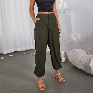 Pantalon Cargo Taille Haute pour Femmes Jambe Large Coupe Ample Poches Multiples Cordon de Serrage Vert Militaire Décontracté