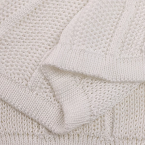 Close-up of white knit dress fabric featuring intricate hollow mesh and ribbed texture
