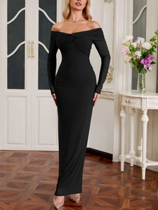 Detail of off-the-shoulder neckline with twisted pleats on a black bodycon maxi dress