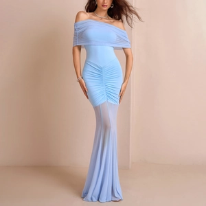 Detail of light blue off-shoulder dress with elegant pleated mesh and fishtail hem
