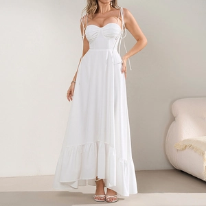 Robe Longue Sexy Dos Nu Froncée pour Femmes Bretelles à Nouer Ourlet à Volants Taille Haute pour Vacances d'Été
