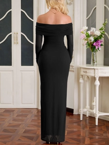 Detail of elegant backless off-shoulder design with mesh ruching on black bodycon dress