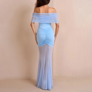 Detail of light blue off-shoulder dress featuring ruched back and mesh mermaid hem