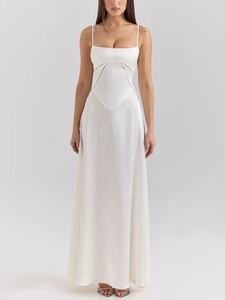 Detailed view of white matte satin maxi dress with diamond waist stitching and fine piping