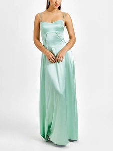 Detail of mint green satin evening dress featuring delicate lace waist and back tie straps