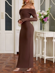 Detail view of coffee brown off-shoulder dress with ruched bodice and sheer mesh sleeves