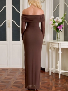 Rear view of a slim-fit dark brown off-shoulder long-sleeve maxi dress with ruching