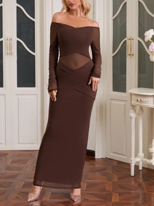 Detail of cross-pleat neckline and sheer mesh cutout on the dark brown bodycon maxi dress