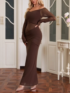 Detail view of coffee brown sheer mesh ruched bodycon dress with finger holes
