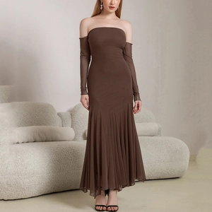Robe Longue Femme Sexy Marron Maille Col Bateau Dos Nu Plissé Ourlet Sirène Manches Longues Soirée Robe Moulante