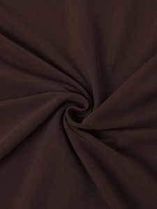 Macro shot of dark brown sheer mesh fabric with fine pleated texture and soft drape