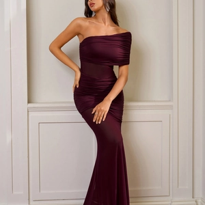 Elegant wine red one shoulder mesh dress with ruched detail and slim fit silhouette