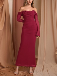 Detail of burgundy mesh sleeve and ruched fabric on off-shoulder bodycon maxi dress