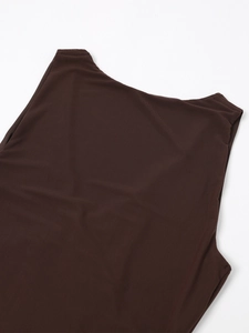 Detail of dark brown mesh fabric texture on a sleeveless V-neck bodycon dress