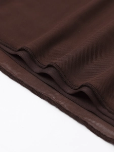 Macro detail of dark brown mesh dress fabric with double-layered stitching and fine texture