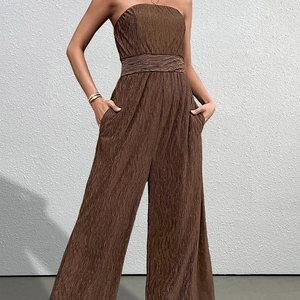 Combinaison Plissée Bustier Sexy Femme Marron Coupe Ajustée Taille Haute Jambe Large Mode Été Dos Nu Barboteuse