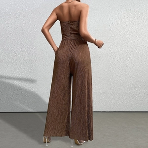 Combinaison bustier marron à plis et jambes larges avec fermeture éclair au dos pour femme