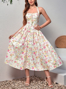 Abito Midi da Donna con Scollo all'Americana e Stampa Floreale Schiena Scoperta Linea A Vestito per Vacanze Estive Vita Alta