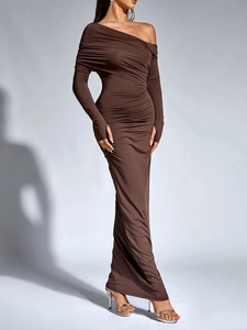 Detail of dark brown off-shoulder bodycon dress with ruched long sleeves and slim fit