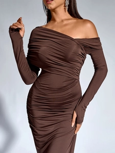 Detail of ruched chocolate brown bodycon dress with off-shoulder neckline and finger loops