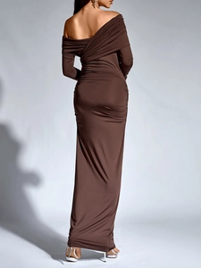 Detail of cross-ruched back design on coffee brown bodycon maxi dress with backless style