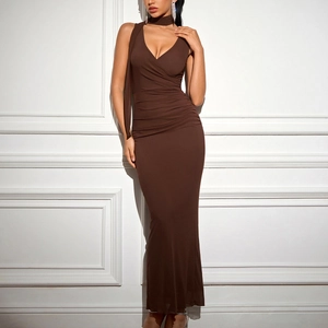 Women Sexy V Neck Sleeveless Mesh Ruched Bodycon Maxi Dress Solid Color Elegant Evening Party Summer Slim Long Dress