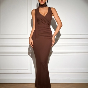 Deep brown V-neck ruched mesh maxi dress with matching scarf accent for women