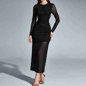 Women Sexy Black Ruched Maxi Dress Mesh Long Sleeve Crew Neck Slim Fit Sheer Patchwork Bodycon Party Evening Club Dress