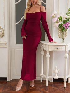 Detail view of burgundy off-shoulder ruched dress with long sleeves and slim fit design
