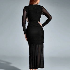 Slim fit black mesh long sleeve maxi dress with sheer panel and ruched back design