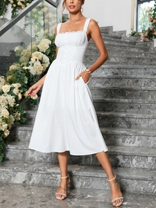 Detailed view of white lace trim midi dress with front buttons and pleated bodice design