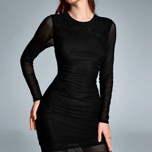 Sexy black ruched bodycon dress with sheer mesh long sleeves and round neck for women