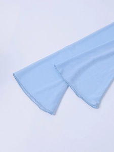 Detailed close-up of light blue mesh bell sleeves with professional lettuce edge stitching