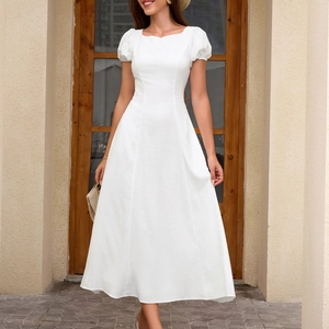 Women Summer Square Neck Puff Sleeve Backless Maxi Dress Elegant White A-Line Long Dress With Pockets Sexy Tie Back Holiday