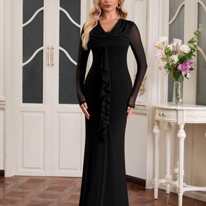 Élégante Robe Maxi Moulante À Col Bénitier Manches Longues En Maille Pour Femme Sexy Détail Volants Robe De Soirée Formelle