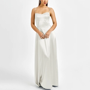 Elegant white matte satin maxi dress with thin straps and open back for formal events