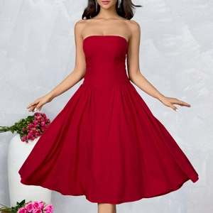 Women Elegant Red Strapless Midi Dress Sexy Backless Ruched High Waist A-Line Party Evening Gown Vacation Outfit