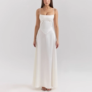Elegant white matte satin maxi dress with thin straps and low back for formal occasions