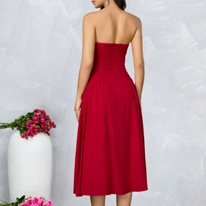 Elegant red tube midi dress with backless slim fit and invisible zipper for vacations