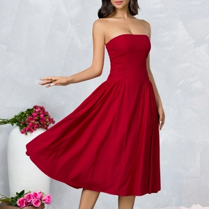 Elegant red strapless midi dress with side pleats and A-line skirt for vacation