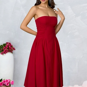 Elegant strapless red midi dress with ruched waist and A-line silhouette for formal parties