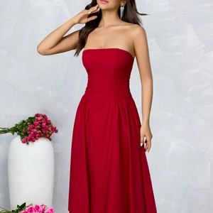 Elegant strapless red A-line gown with slim ruching waist for formal evening events