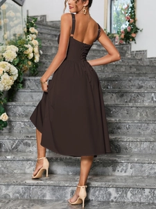 Deep brown A-line slip dress featuring an elegant lace-up drawstring back detail