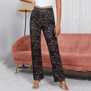 Pantalon Sexy à Taille Haute en Dentelle Florale pour Femmes Élégant Coupe Droite Avec Doublure Nude pour Fête Nightclub Mode Noir