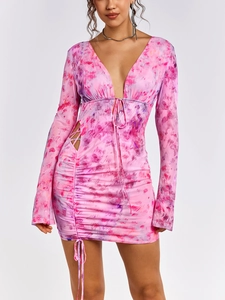 Detail of V-neck mesh dress with side cutouts and pink purple marble tie-dye pattern