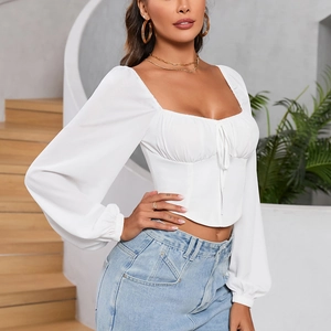 Slim fit white long sleeve crop top with square neck and drawstring details