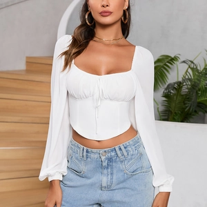 White long sleeve peasant crop top with drawstring neckline and ruched front design