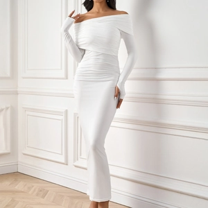 Elegant white ruched long sleeve maxi dress with off-shoulder design for a slim fit look