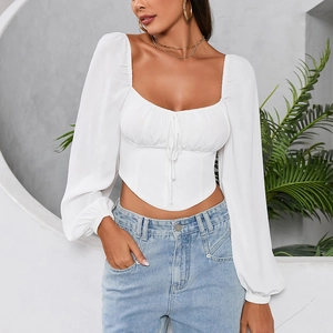 White square neck crop top with puff sleeves and lace-up detail in a slim fit style